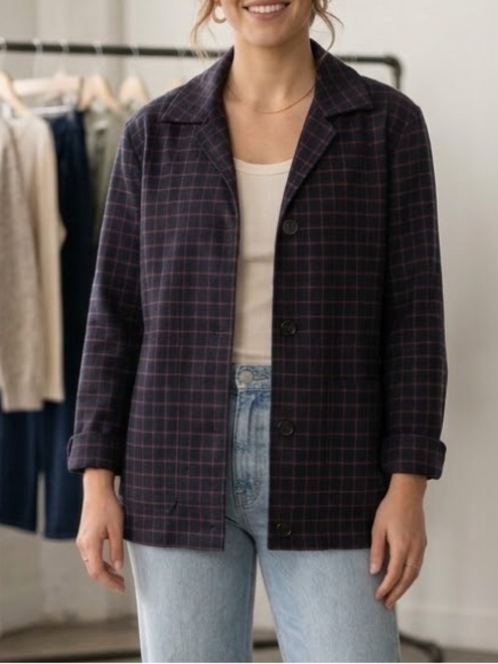 Scotch & Soda Navy Plaid Button Jacket